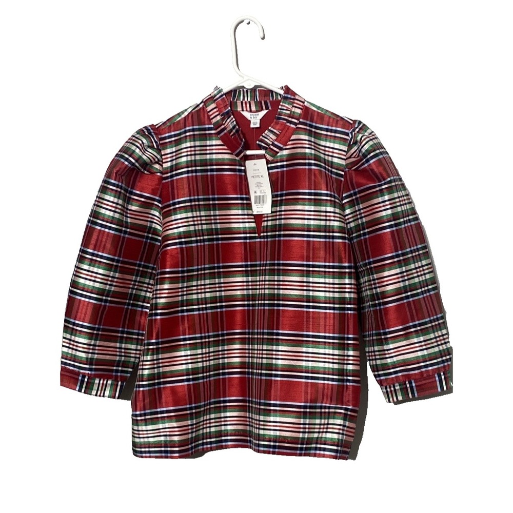 Women's Red Plaid Top Size PXL 3/4 Puff Sleeve Holiday Christmas Winter Wedding